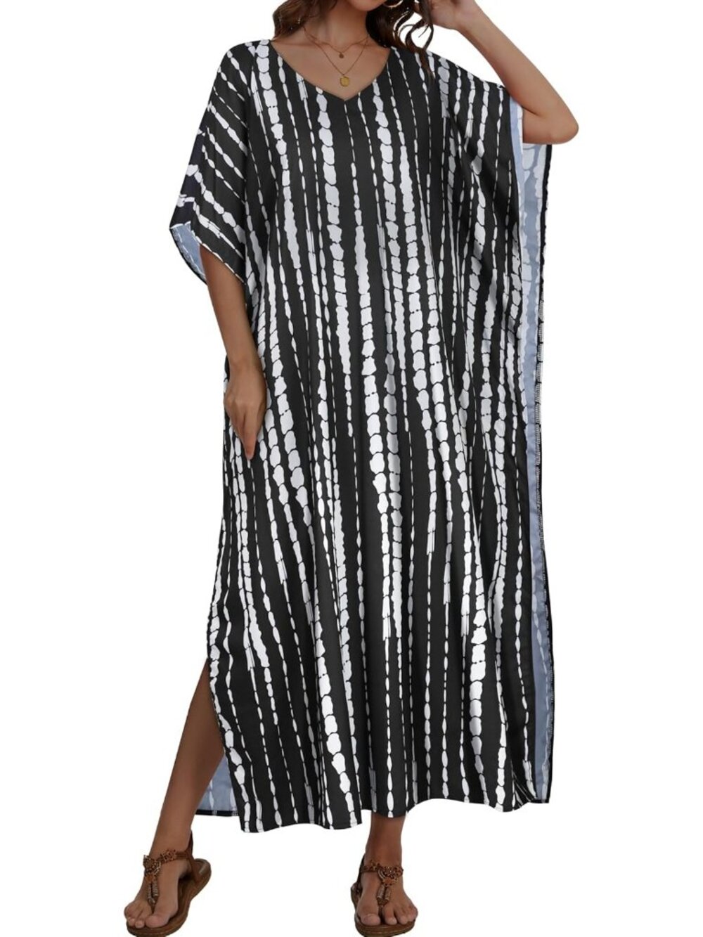 Women's Black White Stripes Plus Size V Neck Caftan Long Batwing Sleeve Cover Up - Picture 2 of 6